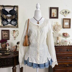 Dainty prairie cottagecore boho floral embroidered linen top